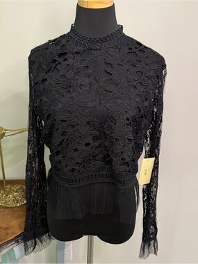 Peach Couture Sheer Black Lace Crop Top Whimsical Accordion Sleeves Large NWT